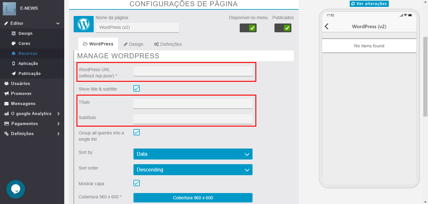 Configurando o WordPress no seu aplicativo