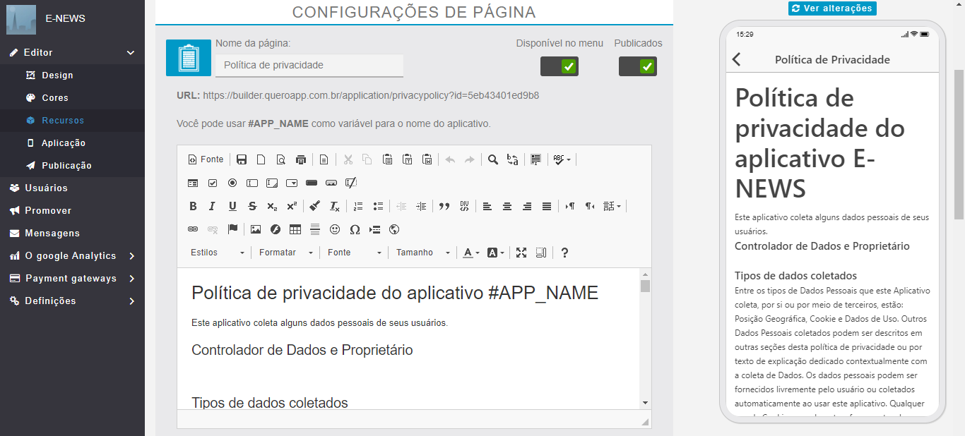 Adicionando a política de privacidade do seu aplicativo