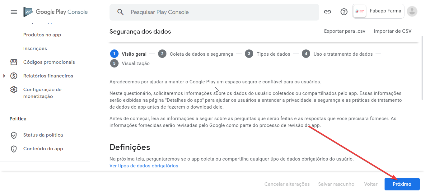 Como preencher o formulário de segurança de dados na google play