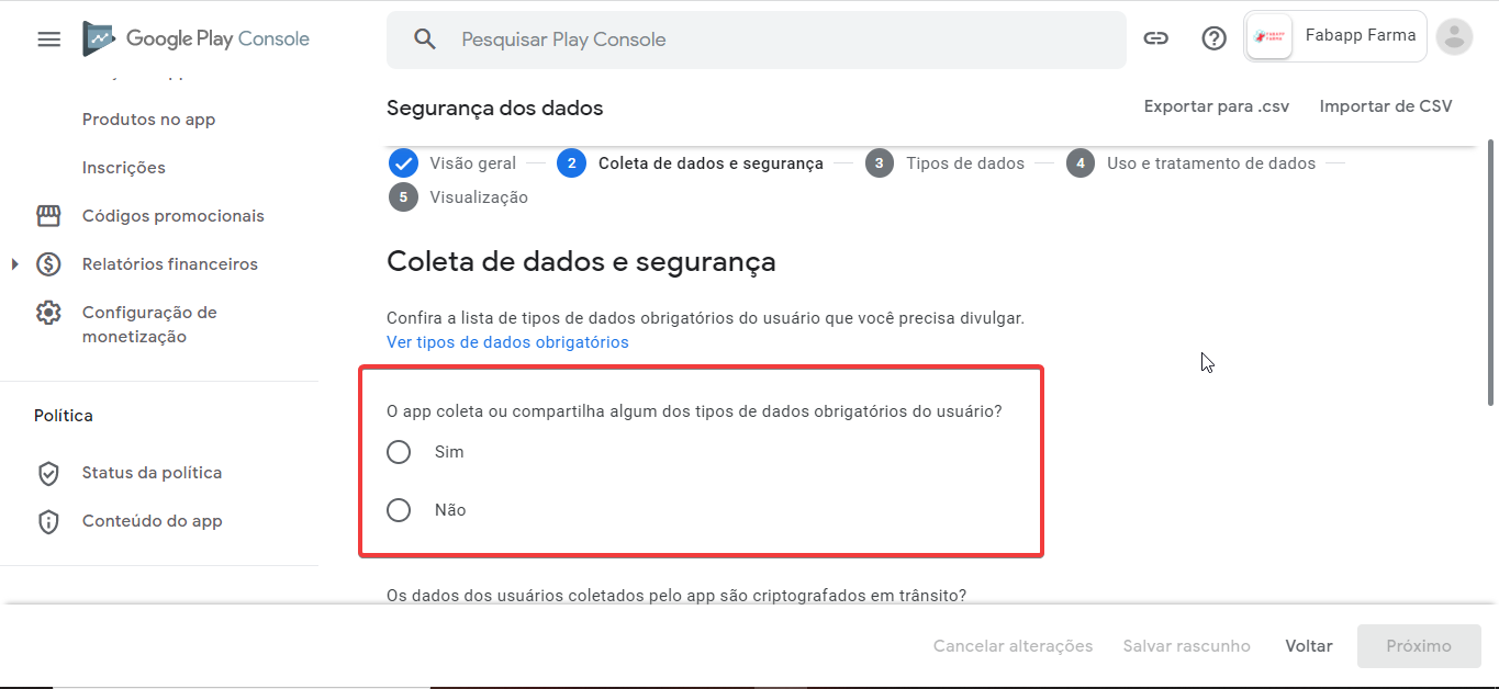 Como preencher o formulário de segurança de dados na google play