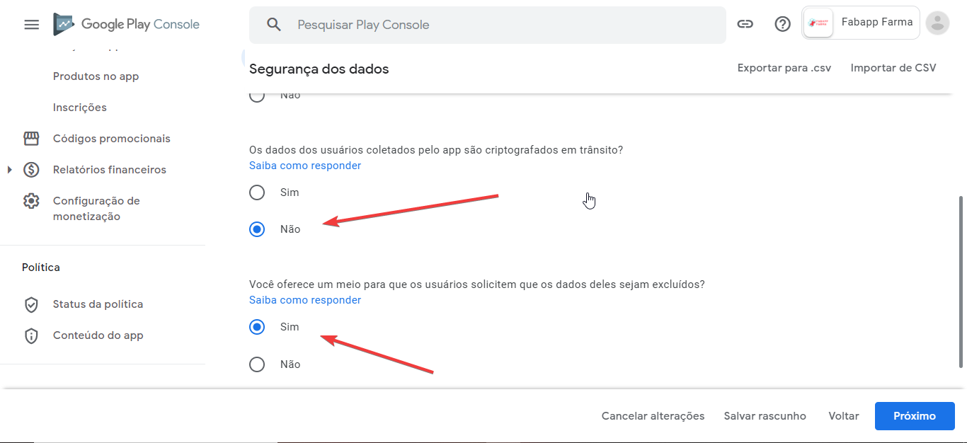 Como preencher o formulário de segurança de dados na google play