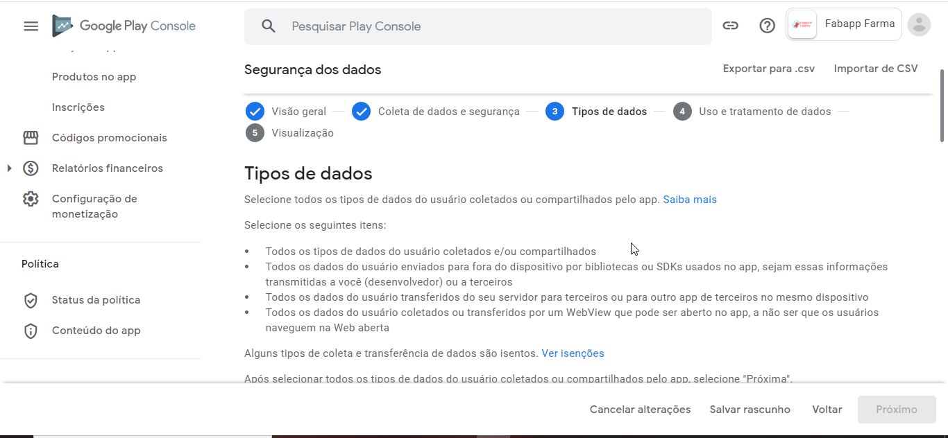 Como preencher o formulário de segurança de dados na google play