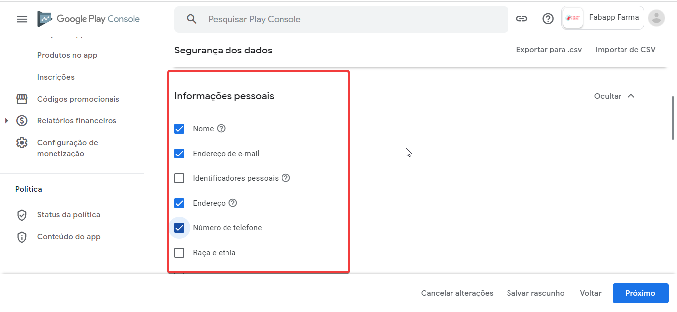 Como preencher o formulário de segurança de dados na google play