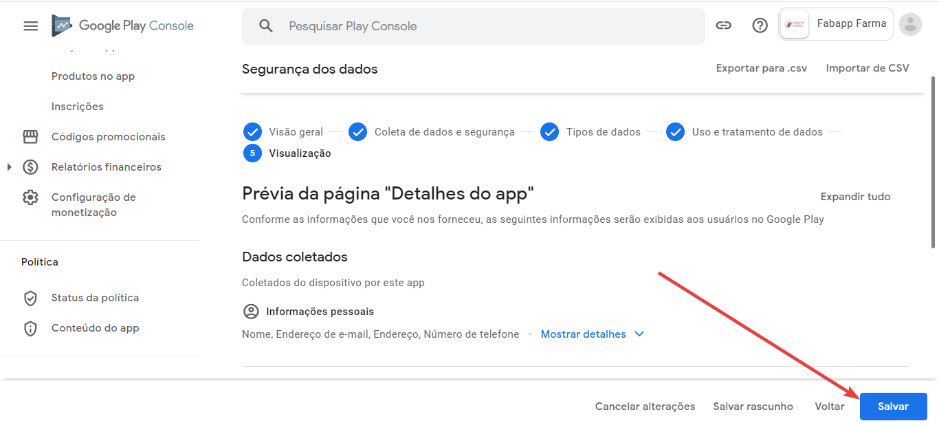 Como preencher o formulário de segurança de dados na google play