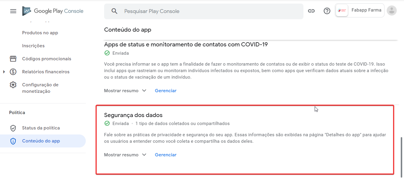 Como preencher o formulário de segurança de dados na google play